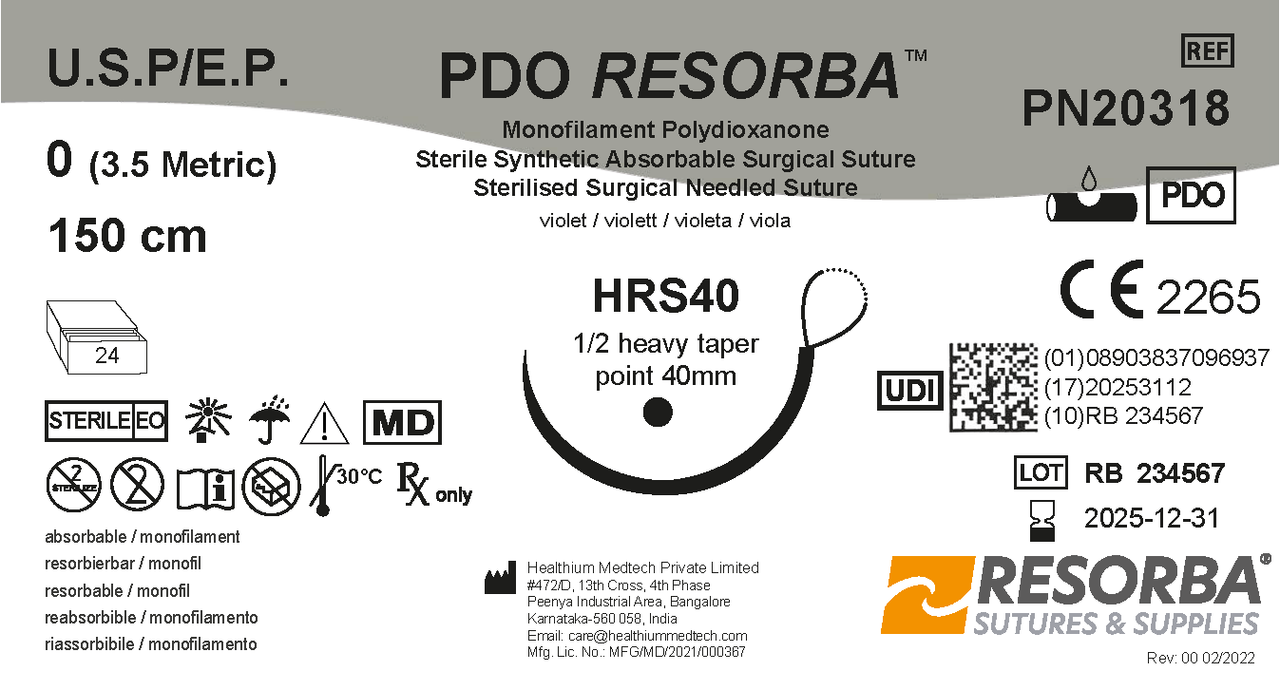 ПДО Ресорба USP0 фіолетовий, довж. петлі 150см, збільш. кол.голка 40мм, 1/2кола